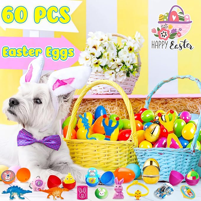 Adisher [ 6 Surprise Golden Eggs ] 60Pcs Prefilled Easter Egg with Assorted Toys, Plastic Easter Eggs Fillers for Kids, Basket Stuffers,Egg Hunt Party Favors Classroom Prizes Supplies for Boys Girls