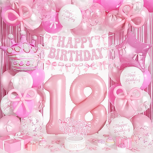 18th Pink Bow Birthday Decorations for Girls, Coquette Party Decor Include 40 Inch Foil Number 18 Crown Star Balloon Double Stuffed Balloon Pink Bows Cake Topper Happy Birthday Banner Fringe Curtain
