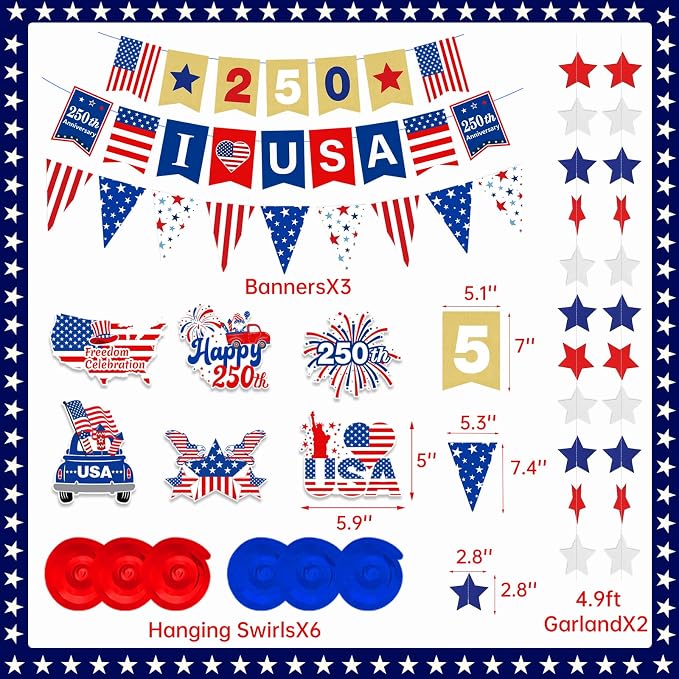250th Anniversary Decorations 4th of July Decorations Including 250th Anniversary US Banner Star Garland 250 Banner Hanging Swirls