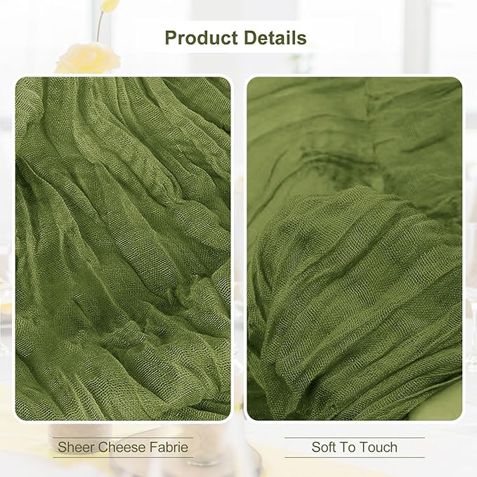 6 Pack Olive Green Cheesecloth Table Runner 35x120 Inch 10Ft Rustic Gauze Cheese Cloth Table Runner Sheer Cheesecloth Table Runners for Wedding Party Bridal Shower Decoration
