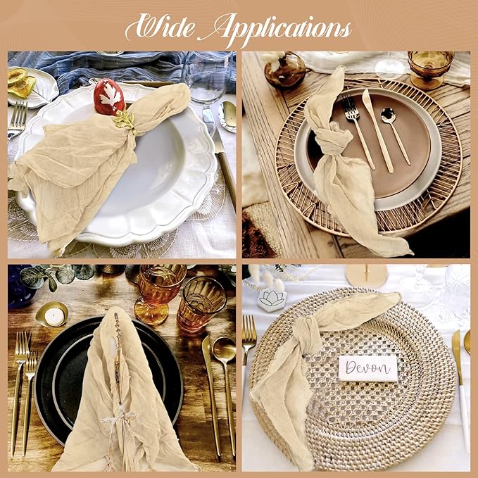 60 PCS Beige Gauze Cheesecloth Napkins,20x20 Inch Gauze Napkin Rustic Wrinkled Cheesecloth Napkin Bulk Washable Dinner Table Napkins for Wedding Party Bridal Shower Baby Shower Events Decor