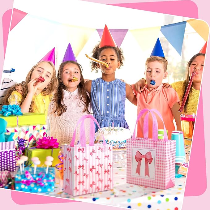 Sweetude 40 Pcs Pink Bow Gift Party Favor Bags with Handle, Non Woven Goodie Bags Birthday Favor for Birthday Baby Shower Packaging Supplies