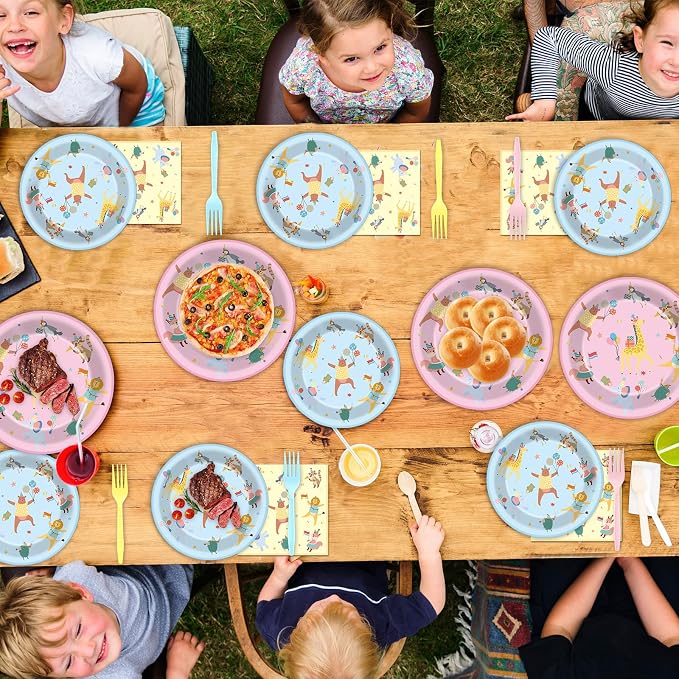 96Pcs Animal Party Supplies Pastel Animal Paper Plates and Napkins Jungle Safari Theme Tableware Decorations Set for Kids Girls Birthday Baby Shower Celebration Party Favor Serves 24