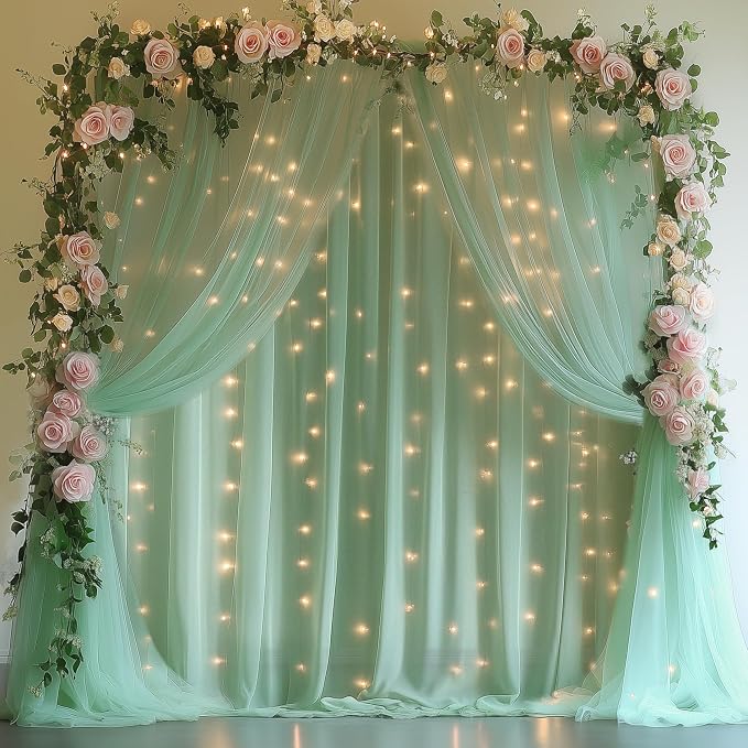 Fomcet Tulle Curtains with Lights String Green 10FT X 8FT Sheer Backdrop Curtains for Parties Wedding Baby Shower Photo Shoot Decorations (2 Panels 5x8FT)