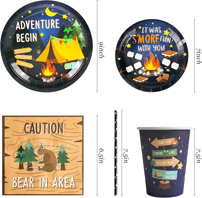 Recheel Camping Party Supplies Decorations, Campfire Hiking Camper Theme Birthday Paper Plates and Napkins Set with Cups and Straws for 24 Guests, 120 Pcs Disposable Party Snack Dinnerwares