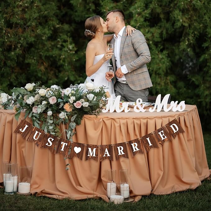Rustic Just Married Wedding Banner & Mr Mrs Table Sign & Cake Topper in Wood Country Chic Wedding Decorations