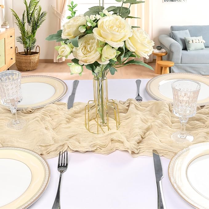 6 Pack 10FT Beige Cheesecloth Table Runner 120 Inch Long Gauze Rustic Boho Spring Cheese Cloth Table Runner Sheer Fabric Decorations for Holiday Party Wedding Banquet Bridal Baby Shower Décor