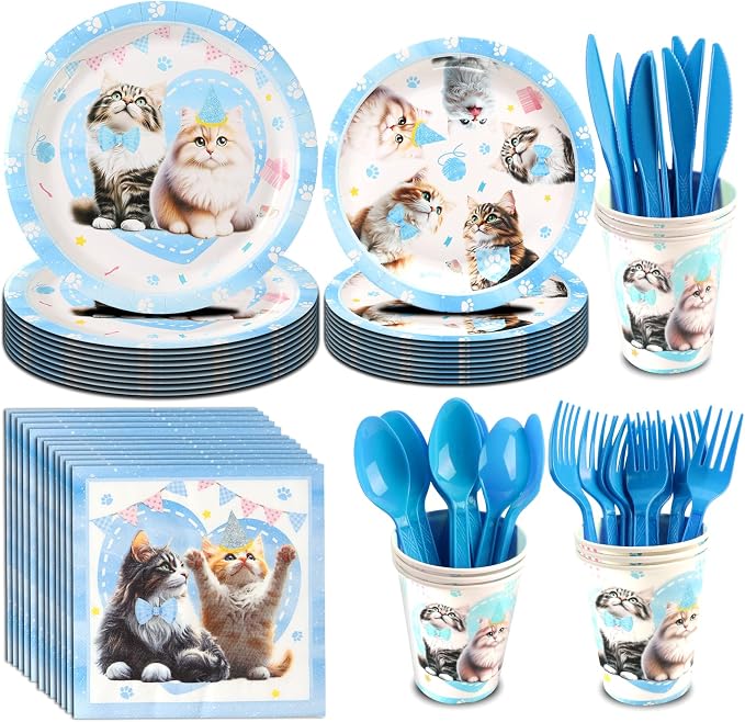 142Pcs Cat Birthday Decorations,Cat 1st Birthday Party Supplies, Cat Birthday Party Decorations Include Plates Cups Napkins Tablecloth Balloons Cake Toppers for 10 Guests