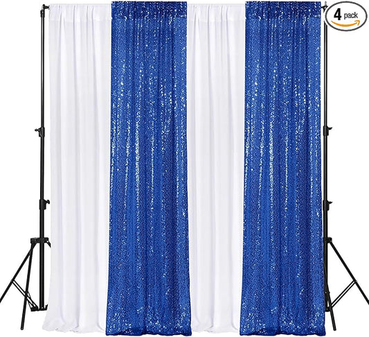 VitalCozy 4 Panels Backdrop Curtains 2 Pcs 4 x 10 ft Sequin Glitter 2 Pcs 7 x 10 ft Chiffon Photo Background Curtains for Graduation Wedding Birthday Party Decorations(White, Navy Blue)
