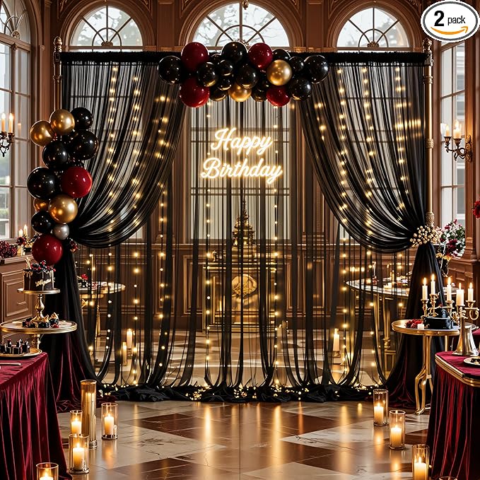 10×12ft Black Sheer Backdrop Curtains with Lights String for Parties Birthday Black Tulle Backdrop Curtain for Baby Shower Wedding Graduation Halloween Party Photo Shoot Decorations 2 Panels 5×12ft