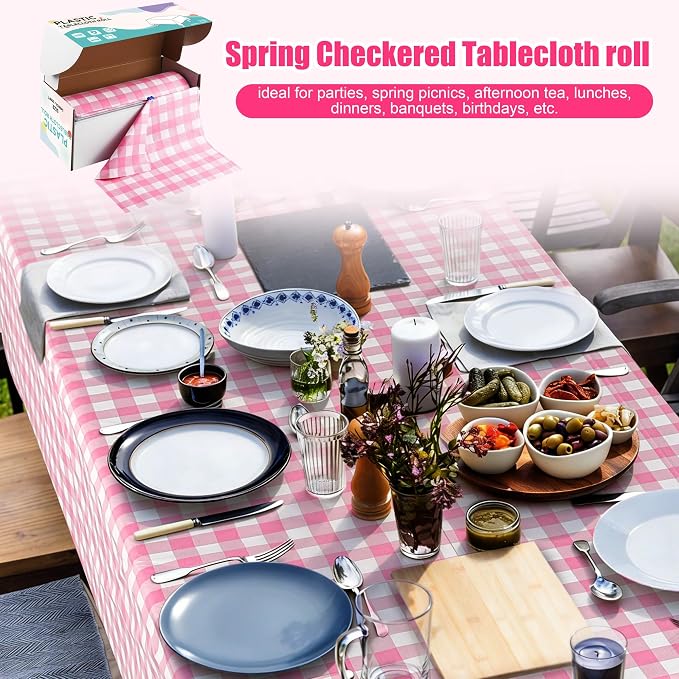 Kochorie 54 Inch x 300 Ft Light Pink Checkered Plastic Table Cloth Roll Disposable Waterproof Table Cover Plastic Table Cover Roll with Easy Slide Cutter for Outdoor Picnic/Home Dining/Spring Party