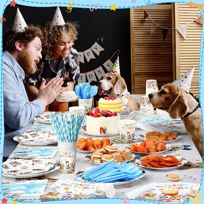 Potchen 452 Pcs Party Supplies Serve 50 Guests, Paper Plates Napkins Cups Cutlery Plastic Tablecloth Dinnerware for Birthday Wedding Party Decoration(Colorful, Dog Birthday)