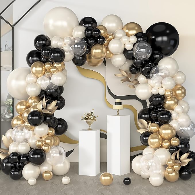 Amandir 173Pcs Black Pearl White Gold Balloons Arch Garland Kit, Pearl White Black Chrome Gold Clear Balloons for Graduation Retirement Wedding Coquette Birthday Bachelorette Party Decorations
