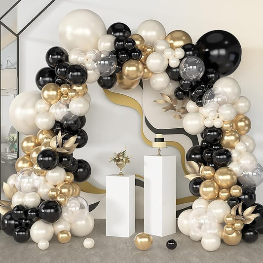 Amandir 173Pcs Black Pearl White Gold Balloons Arch Garland Kit, Pearl White Black Chrome Gold Clear Balloons for Graduation Retirement Wedding Coquette Birthday Bachelorette Party Decorations