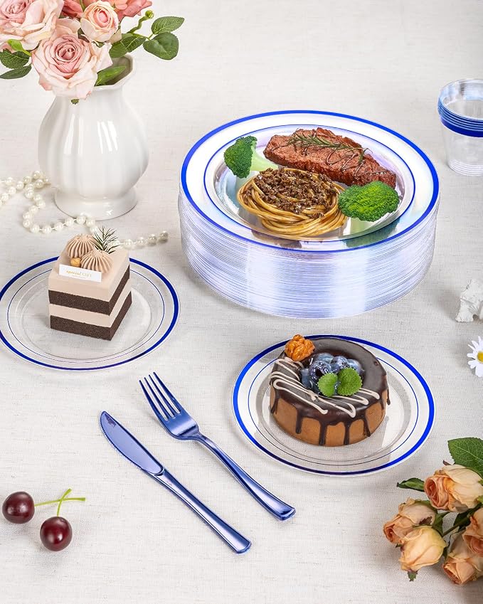 Goodluck 350 Pcs Disposable Clear Blue Plates and Napkins Party Supplies | Include 100 Plastic Plates, 50 Pack Pre Rolled Napkins with Silverware, 50 Cups for Wedding, Graduation, Birthday Party