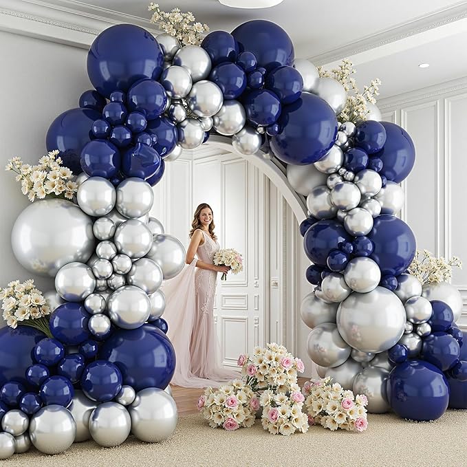 412Pcs Navy Blue and Silver Balloons Arch Garland Kit,5 10 12 18 inch Navy Blue White Silver Balloons for Birthday Wedding Graduation Anniversary Decorations