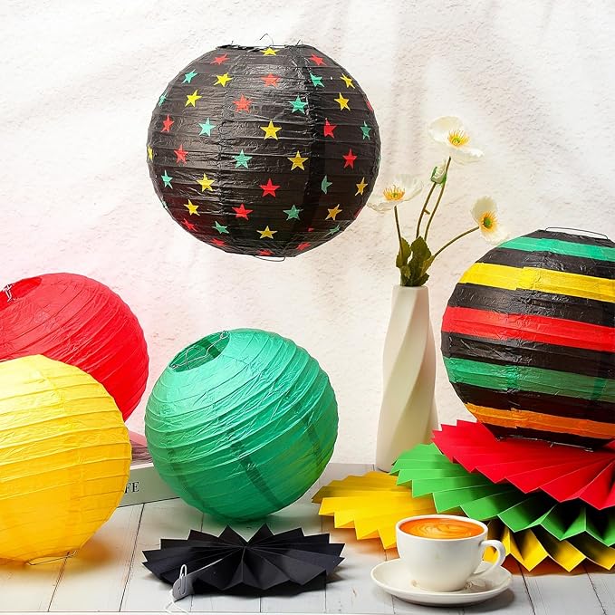 VIHOSE 24 Pcs Black History Month Decorations Juneteenth Decorations Red Green Yellow Round Hanging Lanterns Paper Fan Flowers for African American Party Independence Celebrate Freedom Party Supplies
