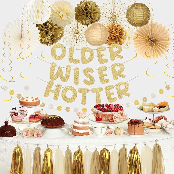 Roetyce Birthday Party Decorations, Gold Glitter Older Wiser Hotter Banner Photo Background for Women Men, Funny Happy Birthday Backdrop Decor, 30th 40th 50th 60th 70th 80th Party Supplies
