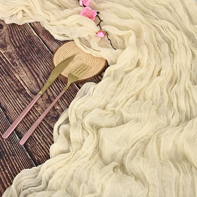 12 Pack 10Ft Ivory Cheesecloth Table Runner 35 x 120 inch Boho Gauze Cheese Cloth Table Runner Vintage Rustic Sheer Runners for Wedding Bridal Shower Birthday Party Cake Table Decorations