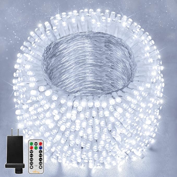 Ollny Christmas Lights Outdoor Waterproof, 1000LED 328FT Super Long String Lights with Remote 3 Timer, Plug in 8 Modes Fairy Light for Outside House Bedroom Xmas Decorations, Cool White