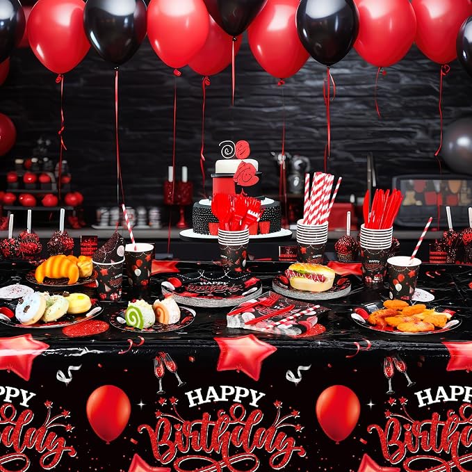 Norme 176 Pcs Black and Red Birthday Tableware Set Birthday Decoration Includes Tablecloth Paper Plates Napkins Paper Cups Forks Knifes and Straws for 25 Guests Party Supplies (Vibrant)