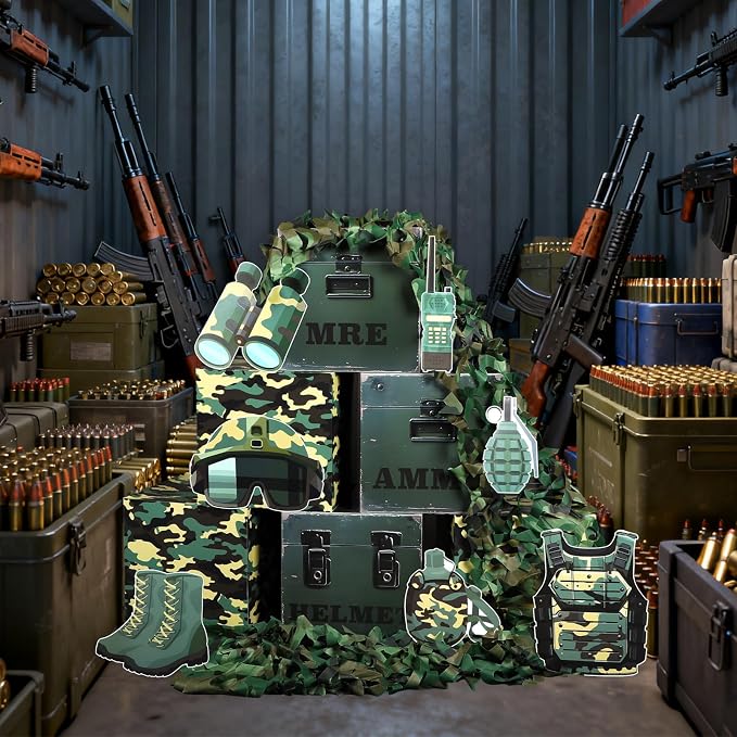 party greeting Camo Birthday Party Decorations Camo Party Boxes Decor Camouflage Netting Army Boxes Camouflage Photo Booth Props for Hunting Military Army Enthusiasts Boys Birthday Jungle Supplies