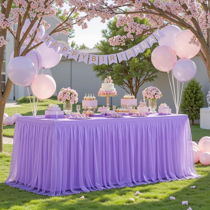 Purple Tablecloth Rectangle 8 Foot Stretch Elastic Fitted Tulle Ruffle Lavender Tablecloths Rectangular Spandex Table Covers 8ft Birthday Baby Shower Wedding Party Table Cloths with Skirt
