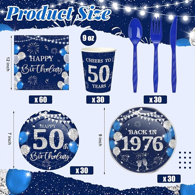 240 Pcs 50th Birthday Decorations 1976 Birthday Party Tableware Include Plates Napkins 9oz Cups Cutlery 50th Anniversary Party Supplies for Men Women Him Her, Serve 30 Guests (Blue Silver)