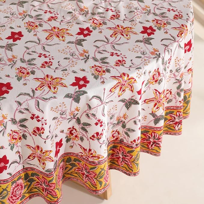 Hand Block Printed Tablecloth – Colorful Floral Print | 100% Cotton | Indian Artisan Handmade Art | Dining Room, Kitchen, Outdoor Décor, (Ruby Rose Charm, 6 Seater 72 Inches Round)