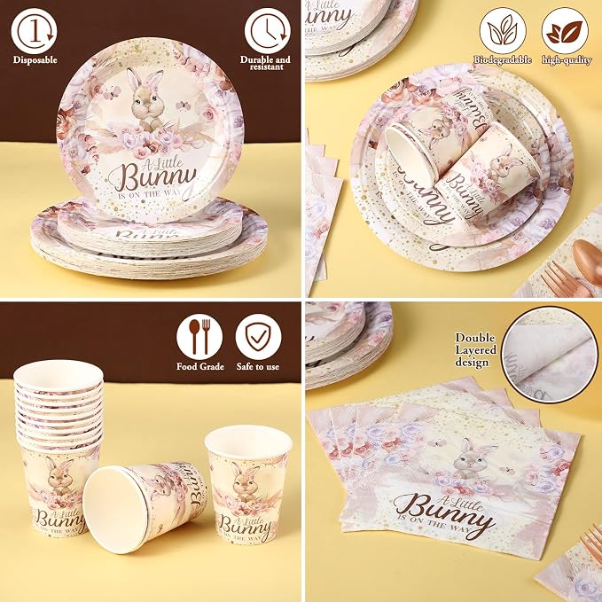 168 Pcs Bunny Baby Shower Decorations A Little Bunny Is on The Way Baby Shower Party Supplies Pink Easter Rabbit Disposable Tableware Set Serve 24