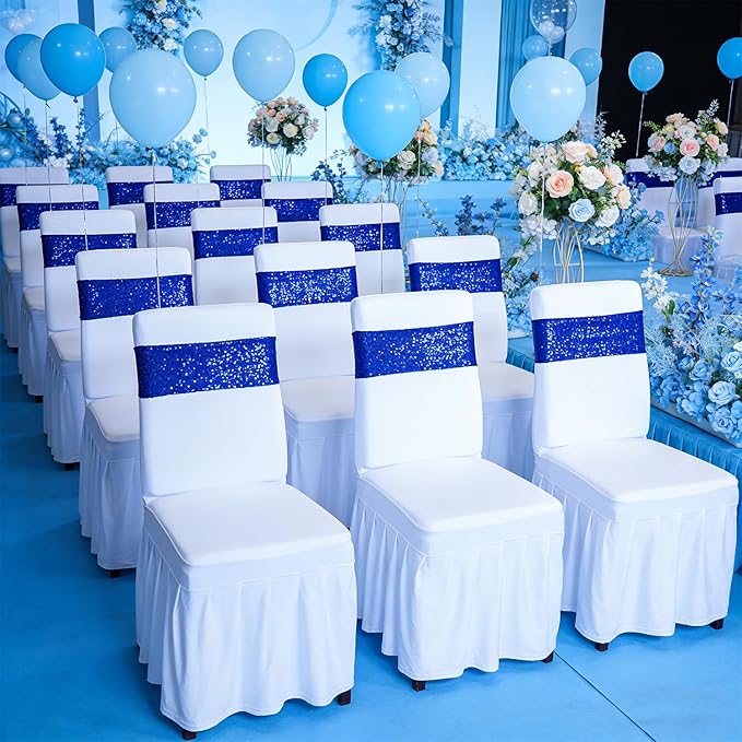 SquarePie Pack of 10 Sequin Chair Sashes Bands Glitter Navy Blue Double-Sided Sequins Stretch Chair Cover Bows with Buckle Slider for Wedding Party Fiesta Banquet Decor