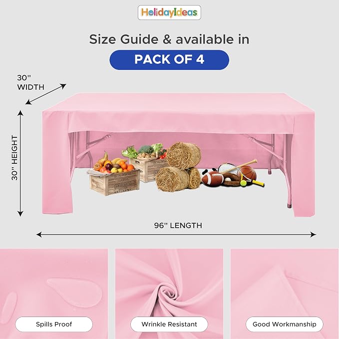 HolidayIdeas 4-Pack 8ft Open Back Fitted Tablecloths for Craft Shows Pink | 3-Sided coverage wrinkle resistant tablecloths for vendor booths,banquet events,outdoor pop-up shop