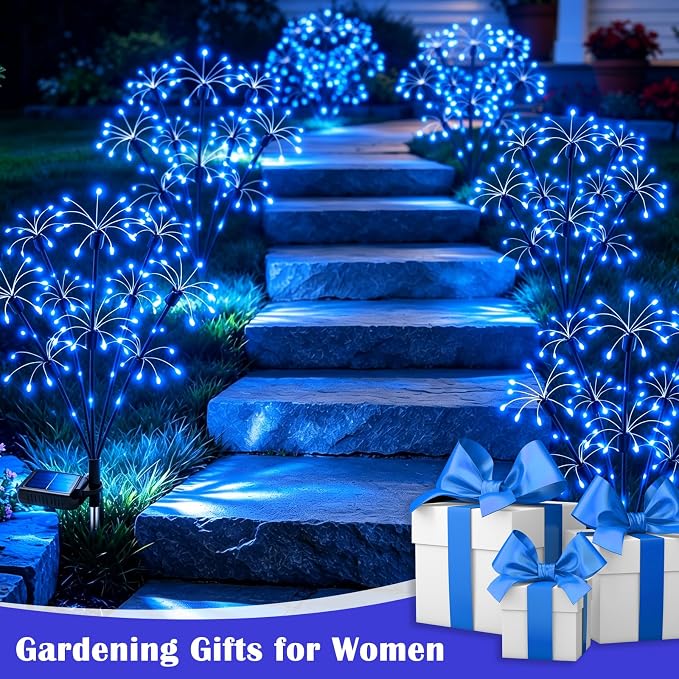 Solar Garden Lights Outdoor, 4 Pack 2-Layer Blue Solar Firework Lights, Waterproof Starburst Fairy Light Garden Decor for Yard Patio Pathway Lawn, Unique Gifts for Women Mom Grandma Mother's Day