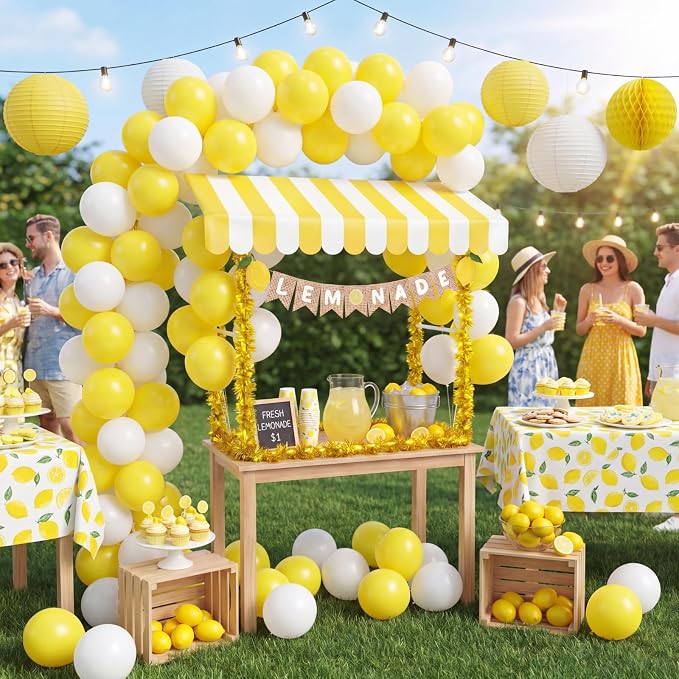 7 Pcs Lemonade Stand Supplies Lemonade Bar Party Decorations with 1 Set Plastic Stand 1 Yellow and White Striped Sunshade Cloth 4 Yellow Tinsel 1 Banner Sign for Outdoors Summer Party Supplies