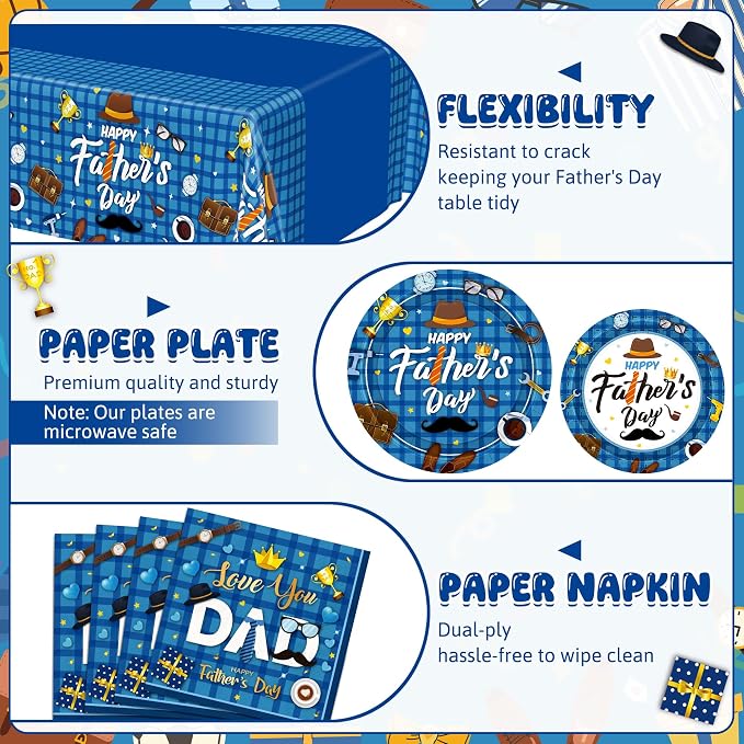 122Pcs Fathers Day Decorations, 30 Sets Paper Father's Day Plates and Napkins, Disposable 9" and 7" Happy Father Party Decorations, Rectangle Love You Dad Dinnerware for Family Dinner Dad Celebrations