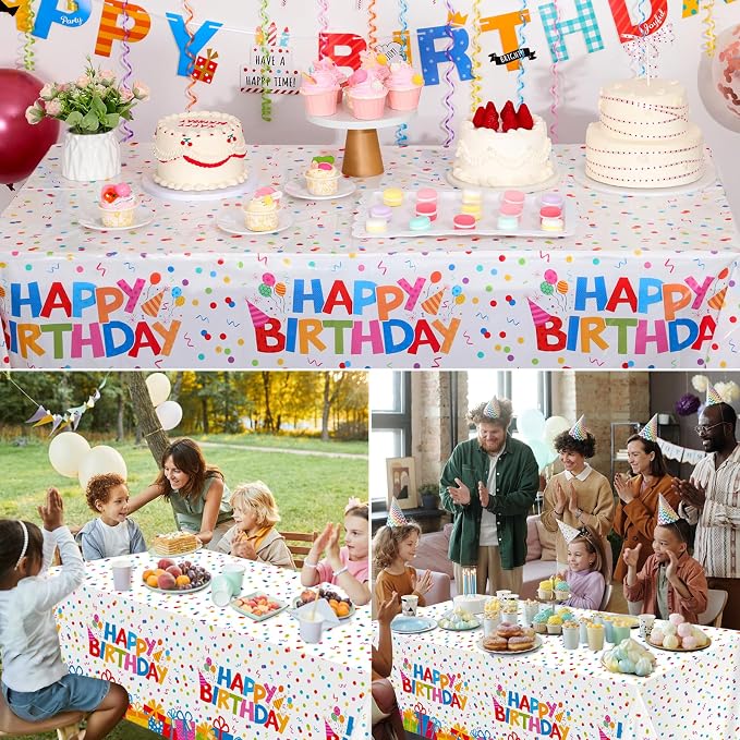 NatNarr 6 Pack Plastic Birthday Tablecloth, 54 x 108 Inch Disposable PE Happy Birthday Party Tablecloths Waterproof Rectangle Party Table Cover for Birthdays Parties Decor