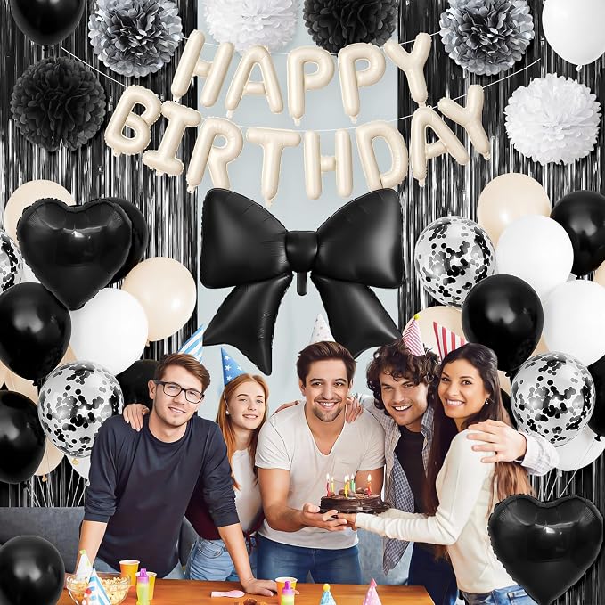 Black Bow Birthday Decorations, Sand White Happy Birthday Balloon Banner with Bow and Heart Foil Balloons Fringe Curtain Tissue Paper Pompoms Garland Party Supplies for Women Girls Boys