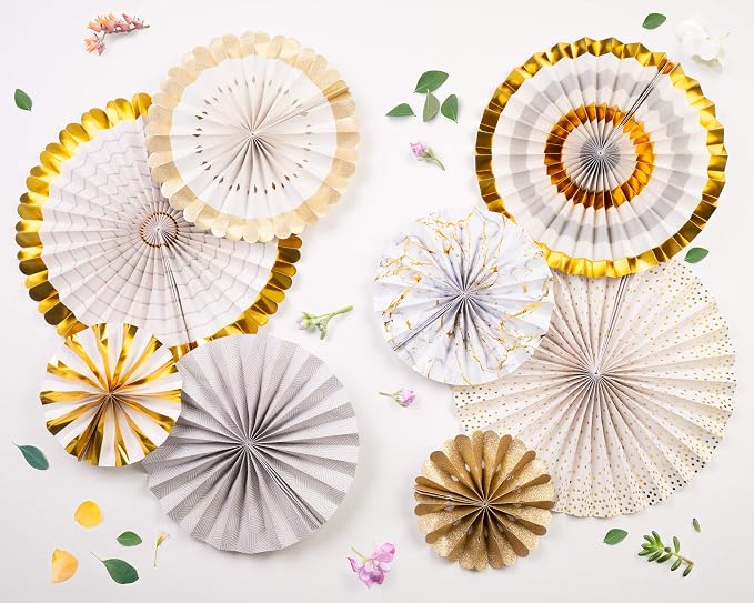PapaKit 8-Piece Origami Paper Fan Set - Ivory & Marble & Gold Metallic - Reusable Hanging Pinwheel Wall Backdrop for Birthday, Wedding, Bridal Shower, Baby Shower, & Boho Party Decorations