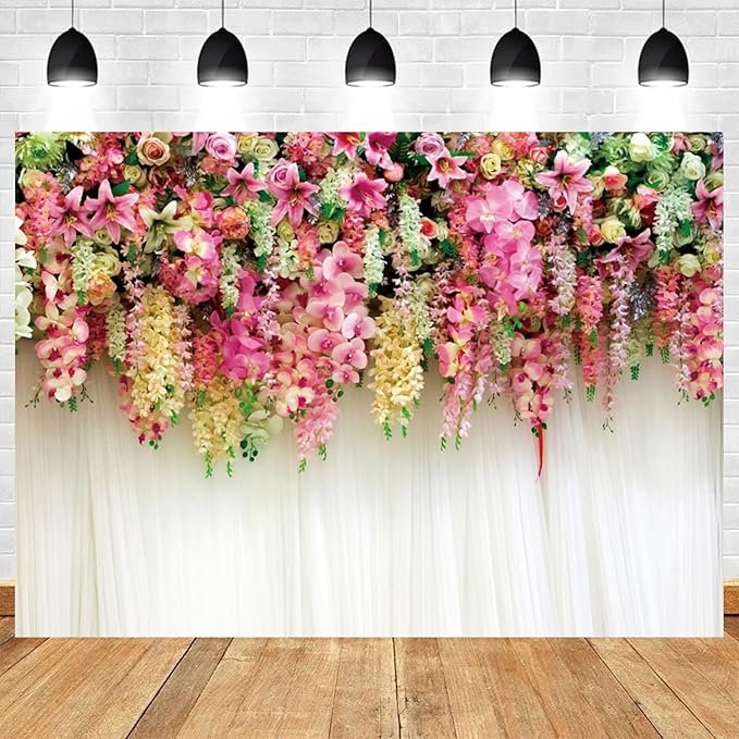12x10ft Pink Floral Backdrop White Curtain Wedding Reception Photography Background Colorful Flowers Anniversary Bridal Shower Decorations Birthday Party Baby Shower Portrait Photo Booth Prop