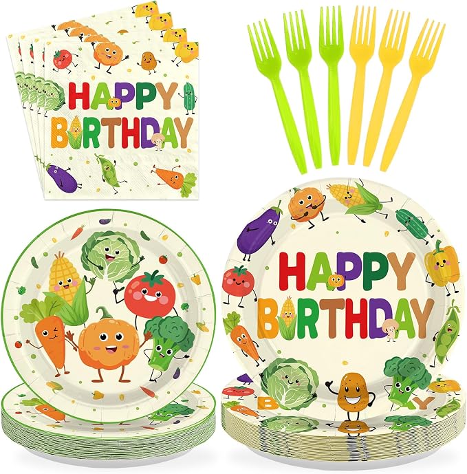 96Pcs Vegetable Birthday Party Supplies Cute Vegetable Plates and Napkins Garden Theme Tableware Sets for Farmer Market Birthday Baby Shower Party Decorations,Serves 24