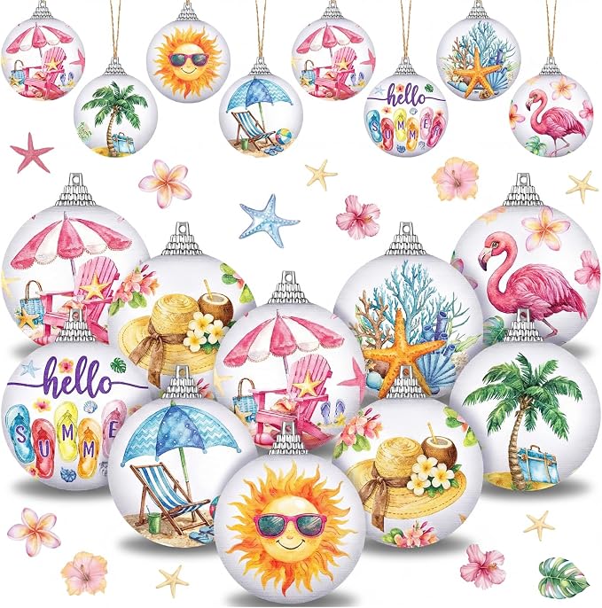 Outus 16 Pcs Summer Tree Ornaments Mini Summer Christmas Decorations for Tree Beach Flamingo Hanging Ornaments Tropical Party Decor for Farmhouse Home Fireplace Luau Holiday Decorative Supplies