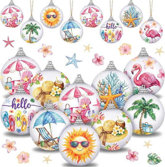Outus 16 Pcs Summer Tree Ornaments Mini Summer Christmas Decorations for Tree Beach Flamingo Hanging Ornaments Tropical Party Decor for Farmhouse Home Fireplace Luau Holiday Decorative Supplies