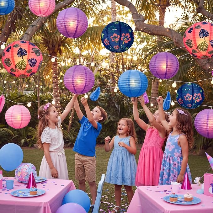 Weysat 12 Pcs Cartoon Hawaiian Animation Themed Hanging Paper Lanterns Hawaiian Themed Purple Blue Pink Lantern Decorations Luau Birthday Party Supplies for Birthday Party Classroom Home Decor