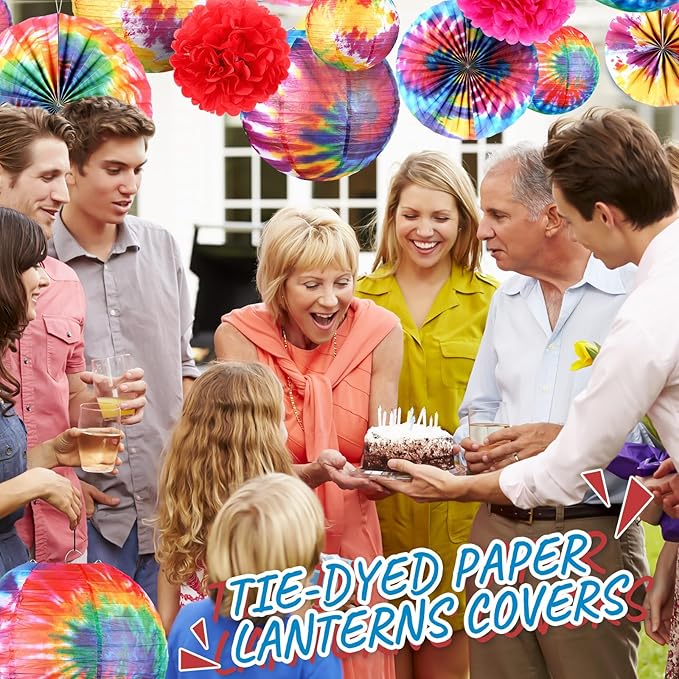 Hortsun 16 Pcs Tie Dyed Party Decorations Include 6 Pcs 12 "and 6" Groovy Hippie Hanging Paper Lanterns,6 Paper Fans -3 Size and 4 Flowers,60s Party Ceiling Wall Decor Chinese/Japanese Groovy Decor