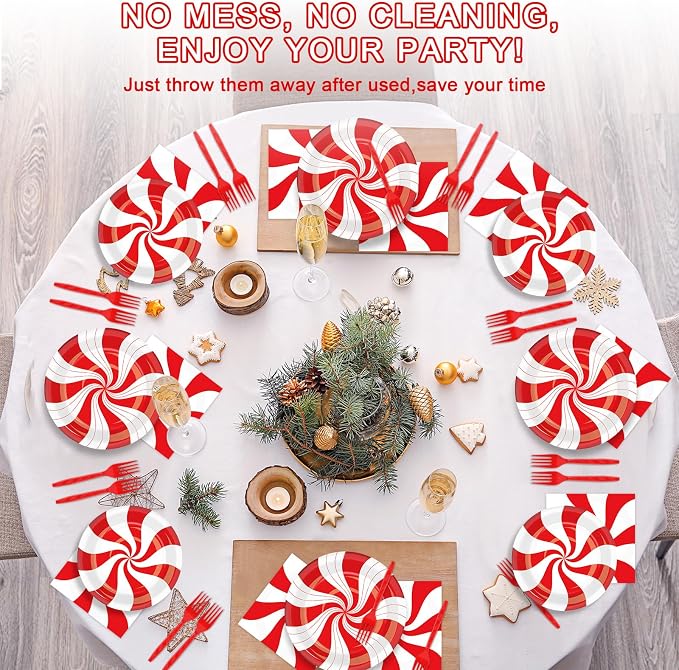 50 Guests Christmas Candy Cane Plates and Napkins Party Supplies Peppermint Party Decorations Disposable Tableware Set Red and White Striped Dinnerware Favor for Holiday Xmas Theme Party, 200PCS