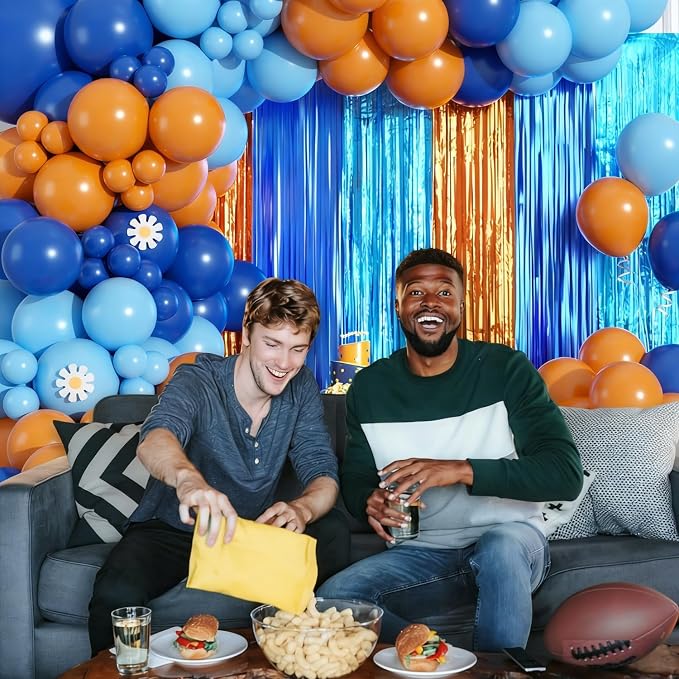 Blue Orange Balloon Arch Garland Kit Birthday Party Decorations, Orange Blue and Light Blue Foil Fringe Curtains Backdrop Tinsel Streamers Banner Photo Booth Props Dog Themed Party Decor Supplies