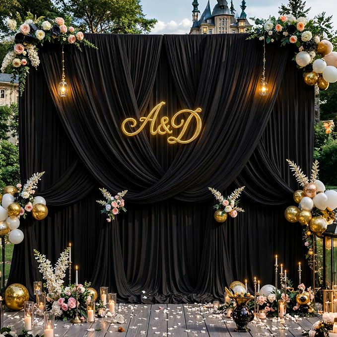 10ftx12ft Wrinkle Free Black Backdrop Curtain, 2 Panels 12FT Long Wedding Photo Backdrop Drapes, Silky Polyester Back Drop Cloth for Birthday Photography Background Party Backdrop Draping
