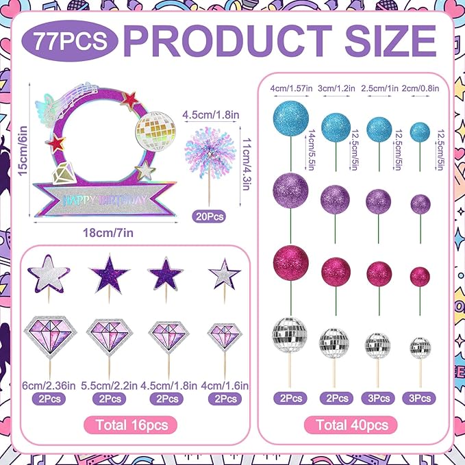 Sanwuta 77 Pcs Kpop Theme Party Cake Topper Set Disco Ball Glitter Ball Star Diamond Insert Foil Fireworks and Cake Standee for Kpop Theme Birthday Graduation Music Lover Decors