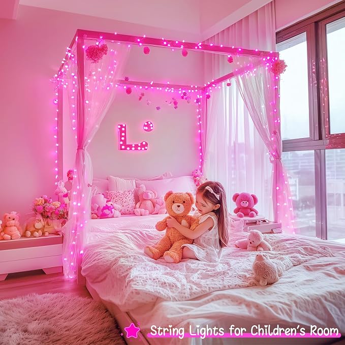 JMEXSUSS 33ft 100 LED Pink Battery Operated Lights with 8 Modes Remote, Pink String Lights Indoor Outdoor, Christmas String Light for Bedroom House Tree Party Porch Decor