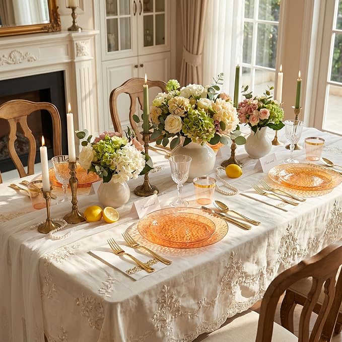 Rubtlamp 175 Pcs Plastic Dinnerware Set (25 Guests), Orange And Gold Plastic Plates, Hammered Party Plates Set Include Dinner Plates, Dessert Plates, Cups&Cutlery Set And Napkins for Wedding And Party